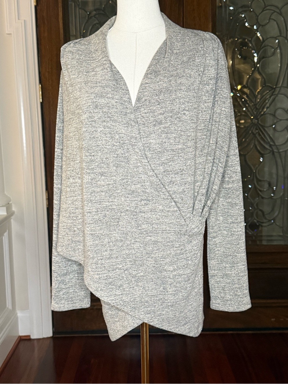 Clara  Sun Woo Gray Marled Faux Wrap Tunic Top L Made in USA